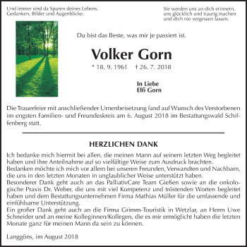 Traueranzeige von Volker Gorn von Giessener Allgemeine, Alsfelder Allgemeine