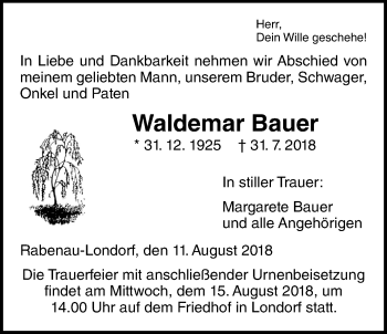 Traueranzeige von Waldemar Bauer von Giessener Allgemeine, Alsfelder Allgemeine