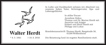 Traueranzeige von Walter Herdt von Wetterauer Zeitung, Wetterauer Zeitung