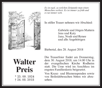 Traueranzeige von Walter Preis von Giessener Allgemeine, Alsfelder Allgemeine