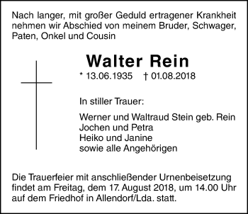 Traueranzeige von Walter Rein von Giessener Allgemeine, Alsfelder Allgemeine