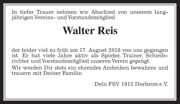 Traueranzeige von Walter Reis von Wetterauer Zeitung, Wetterauer Zeitung