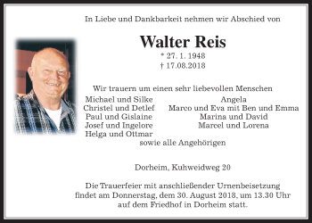Traueranzeige von Walter Reis von Wetterauer Zeitung, Wetterauer Zeitung
