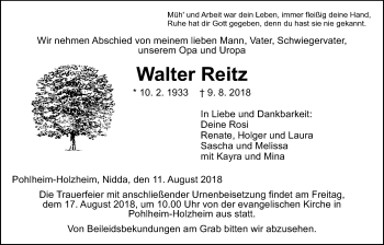 Traueranzeige von Walter Reitz von Giessener Allgemeine, Alsfelder Allgemeine