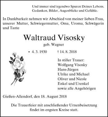 Traueranzeige von Waltraud Visosky von Giessener Allgemeine, Alsfelder Allgemeine