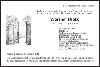 Traueranzeige von Werner Dietz von Giessener Allgemeine, Alsfelder Allgemeine