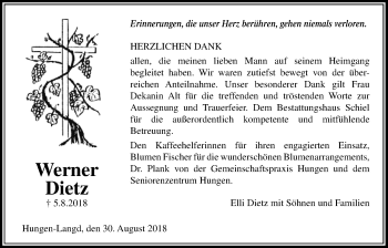 Traueranzeige von Werner Dietz von Licher Wochenblatt, Licher Wochenblatt, Licher Wochenblatt