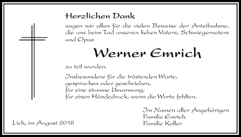 Traueranzeige von Werner Emrich von Licher Wochenblatt, Licher Wochenblatt, Licher Wochenblatt