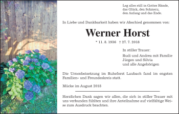 Traueranzeige von Werner Horst von Alsfelder Allgemeine
