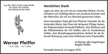Traueranzeige von Werner Pfeiffer von Giessener Allgemeine, Alsfelder Allgemeine