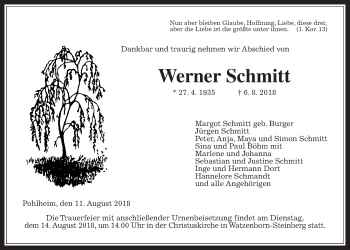 Traueranzeige von Werner Schmitt von Giessener Allgemeine, Alsfelder Allgemeine