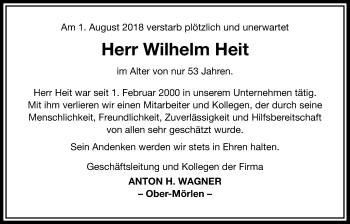 Traueranzeige von Wilhelm Heit von Wetterauer Zeitung, Wetterauer Zeitung