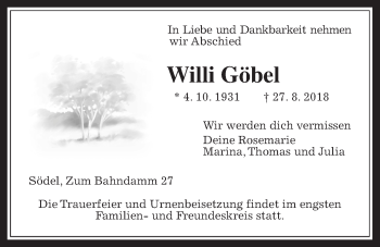 Traueranzeige von Willi Göbel von Wetterauer Zeitung, Wetterauer Zeitung