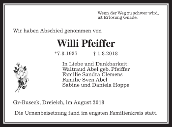 Traueranzeige von Willi Pfeiffer von Giessener Allgemeine, Alsfelder Allgemeine