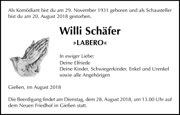 Traueranzeige von Willi Schäfer von Giessener Allgemeine, Alsfelder Allgemeine