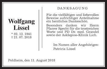 Traueranzeige von Wolfgang Lissel von Giessener Allgemeine, Alsfelder Allgemeine