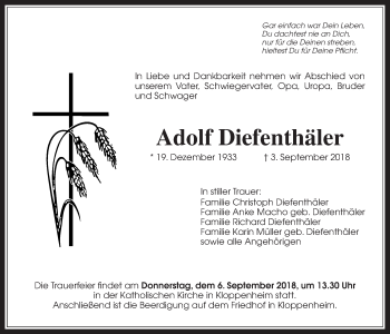 Traueranzeige von Adolf Diefenthäler von Wetterauer Zeitung