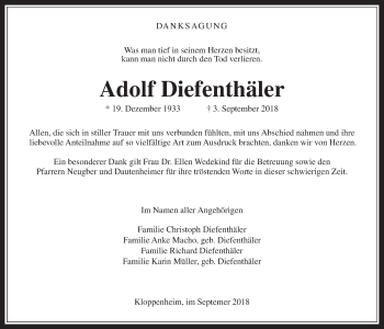 Traueranzeige von Adolf Diefenthäler von Wetterauer Zeitung, Wetterauer Zeitung