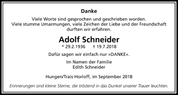 Traueranzeige von Adolf Schneider von Licher Wochenblatt, Licher Wochenblatt, Licher Wochenblatt