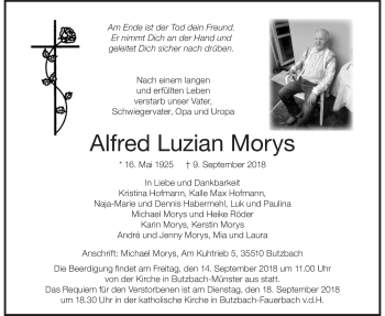 Traueranzeige von Alfred Luzian Morys von Wetterauer Zeitung, Wetterauer Zeitung