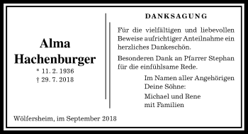 Traueranzeige von Alma Hachenburger von Wetterauer Zeitung, Wetterauer Zeitung