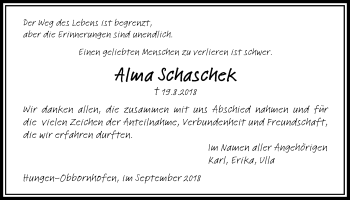 Traueranzeige von Alma Schaschek von Licher Wochenblatt, Licher Wochenblatt, Licher Wochenblatt