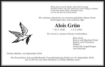 Traueranzeige von Alois Grün von Wetterauer Zeitung, Wetterauer Zeitung
