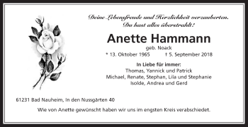 Traueranzeige von Anette Hammann von Wetterauer Zeitung, Wetterauer Zeitung