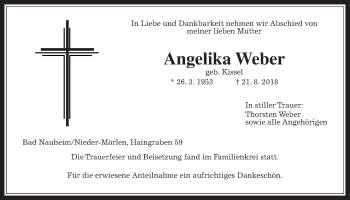 Traueranzeige von Angelika Weber von Wetterauer Zeitung, Wetterauer Zeitung