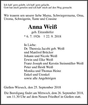 Traueranzeige von Anna Weiß von Giessener Allgemeine, Alsfelder Allgemeine