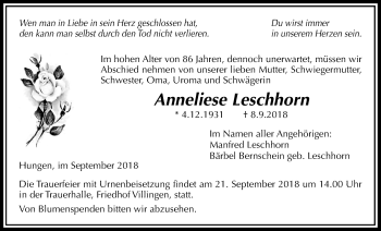 Traueranzeige von Anneliese Leschhorn von Licher Wochenblatt, Licher Wochenblatt, Licher Wochenblatt