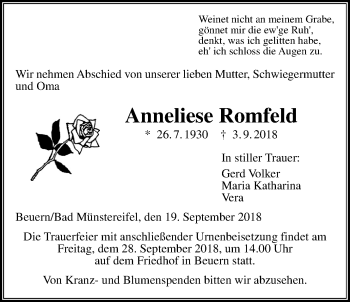 Traueranzeige von Anneliese Romfeld von Giessener Allgemeine, Alsfelder Allgemeine