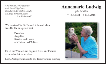 Traueranzeige von Annemarie Ludwig von Licher Wochenblatt, Licher Wochenblatt, Licher Wochenblatt