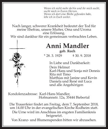 Traueranzeige von Anni Mandler von Giessener Allgemeine, Alsfelder Allgemeine