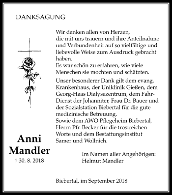 Traueranzeige von Anni Mandler von Giessener Allgemeine, Alsfelder Allgemeine