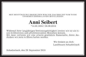 Traueranzeige von Anni Seibert von Alsfelder Allgemeine