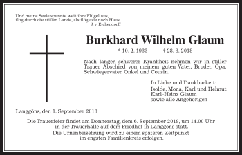 Traueranzeige von Burkhard Wilhelm Glaum von Giessener Allgemeine, Alsfelder Allgemeine
