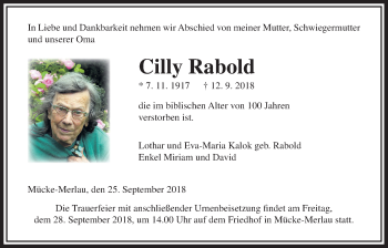 Traueranzeige von Cilly Rabold von Giessener Allgemeine, Alsfelder Allgemeine
