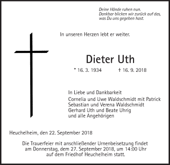 Traueranzeige von Dieter Uth von Giessener Allgemeine, Alsfelder Allgemeine