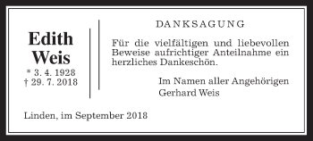 Traueranzeige von Edith Weis von Giessener Allgemeine, Alsfelder Allgemeine