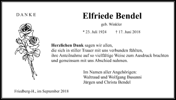 Traueranzeige von Elfriede Bendel von Wetterauer Zeitung, Wetterauer Zeitung