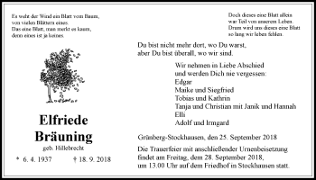 Traueranzeige von Elfriede Bräuning von Giessener Allgemeine, Alsfelder Allgemeine