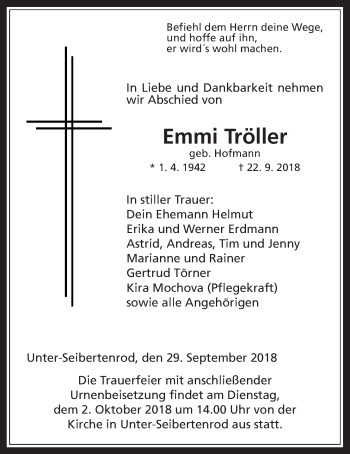 Traueranzeige von Emmi Tröller von Alsfelder Allgemeine