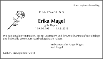 Traueranzeige von Erika Magel von Giessener Allgemeine, Alsfelder Allgemeine