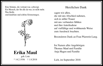 Traueranzeige von Erika Maul von Giessener Allgemeine, Alsfelder Allgemeine