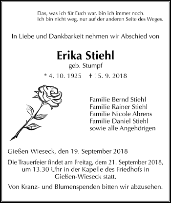 Traueranzeige von Erika Stiehl von Giessener Allgemeine, Alsfelder Allgemeine