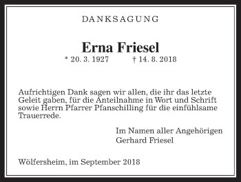 Traueranzeige von Erna Friesel von Wetterauer Zeitung, Wetterauer Zeitung