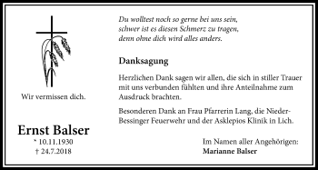 Traueranzeige von Ernst Balser von Licher Wochenblatt, Licher Wochenblatt, Licher Wochenblatt