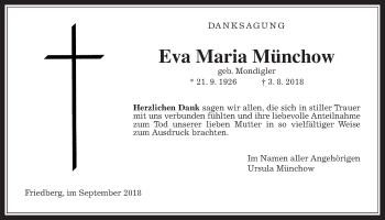 Traueranzeige von Eva Maria Münchow von Wetterauer Zeitung, Wetterauer Zeitung