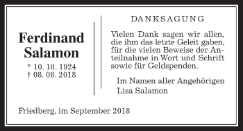 Traueranzeige von Ferdinand Salamon von Wetterauer Zeitung, Wetterauer Zeitung